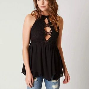 Coco + Jaimeson Buckle High neck Plunge / cutout Black Crochet Tank Top Date! XS